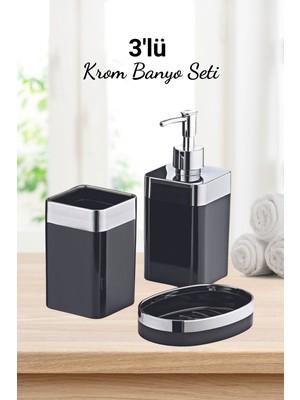Feyza Design 3 Parça Akrilik Metalize Kaplamalı Lüks Banyo Seti Siyah