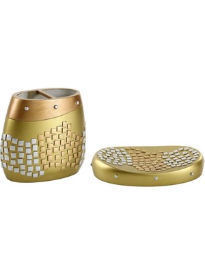Feyza Design Banyo Ikili Seti, Diş Fırçalık ve Sabunluk, Şık Altın Mozaik Tasarım