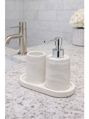 Feyza Design Mermer Desenli 3’lü Beton Banyo Wc Seti Sıvı Sabunluk Diş Fırçalık