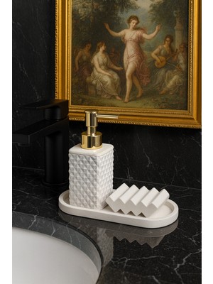 Feyza Design Mermer Desenli 3’lü Beton Banyo Seti, Sabunluk ve Sunum Tepsisi