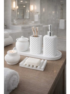Feyza Design 6 Parça Mermer Desenli Beton Banyo Seti, Sabunluk, Diş Fırçalık ve Mumluk
