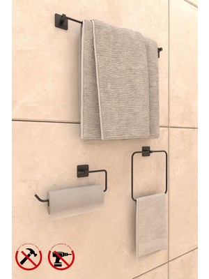 Feyza Design Kare 3’lü Banyo Aksesuar Seti, Uzun Havlu Askısı, Halka ve Solo Havluluk