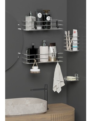 Feyza Design Krom Gümüş 4’lü Banyo Seti: Duş Rafı, Sabunluk ve Diş Fırçalık