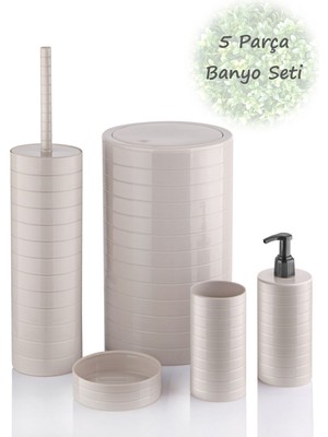 Feyza Design Moblen Bej Yuvarlak Banyo Seti 5'li, Çöp Kovası, Diş Fırçalık, Sıvı Sabunluk
