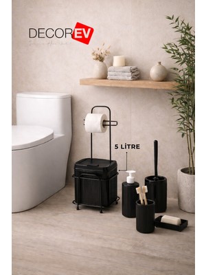 Feyza Design 6'lı Banyo Seti Metal Standlı Siyah Tuvalet Kağıtlık ve Temizlik Seti