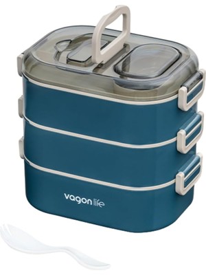 Bento 1450ML Lunchbox Üç Katlı 5 Bölmeli ve Mini Sosluklu Çelik Sefer Tası Yemek Kutusu (Lacivert)