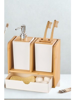 Feyza Design Bambu Standlı Çekmeceli Çok Amaçlı Sabun ve Diş Fırçalık
