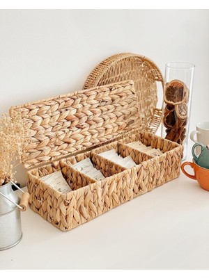 El Yapımı Doğal Hasır Dikdörtgen Çok Amaçlı 4 Bölmeli Kapaklı Dolap Düzenleyici (40X15X10CM)