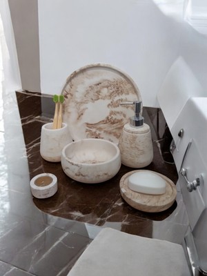 Feyza Design 6'lı Bej Mermer Desenli Beton Banyo Aksesuar Seti