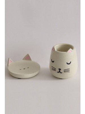 Feyza Design Modern Kedi Temalı Beton Diş Fırçalık ve Sabunluk Takımı