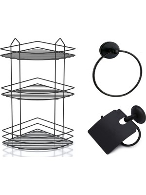Feyza Design Şık Siyah 3'lü Banyo Aksesuar Seti, Köşelik Duş Rafı ve Şampuanlık