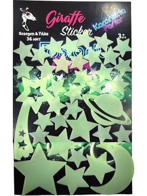 Sticker Karanlıkta Parlayan Fosforlu Ay ve Yıldız Tasarımlı Dekoratif (36 Adet Gezegen Yıldız)