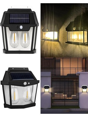 Solar Güneş Enerjili Lamba 2 Ampul Flament LED Hareket Sensörlü 3 Işık Modlu Aplik Su Geçirmez Duvar Teras Veranda Bahçe Agaç Patika Garaj Balkon Dekorasyon Aydınlatma 1 Adet