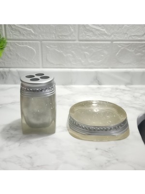 Feyza Design Şeffaf Kristal Taşlı Gümüş Renkli Diş Fırçalık ve Sabunluk Takımı