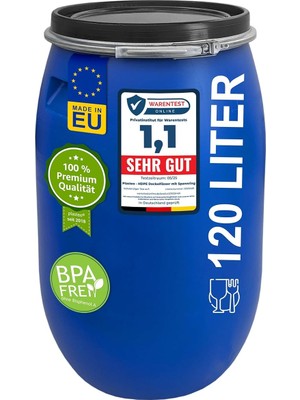 120 Litre Geniş Ağızlı Varil, Kapaklı ve Germe Halkalı, Plastik Varil, Evrensel Fıçı, Kapaklı Varil, Gıda Maddelerine Uygun, Su Varili, Yağmur Varili, Depo Varili, Sağlam Tutma Yeri, Mavi