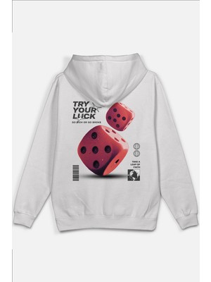Overoz Try Your Luck Zar Sırt Baskılı Kapüşonlu Yarı Oversize Unisex Sweatshirt Beyaz Hoodie 1216
