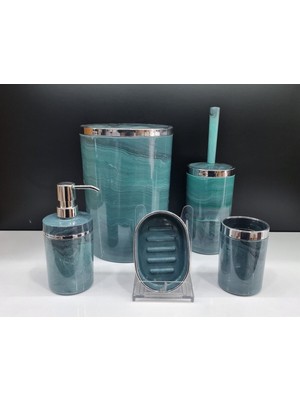 Feyza Design Yeşil Mermer Akrilik Banyo Seti, 5 Parça, Gümüş Krom Detaylar