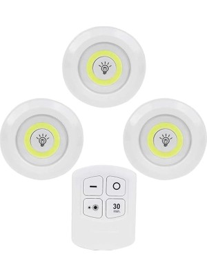 LED Işık Kablosuz Uzaktan Kumandalı Dolap Içi LED Ampul Seti 3lü Set Gece Lambası Spot Lamba