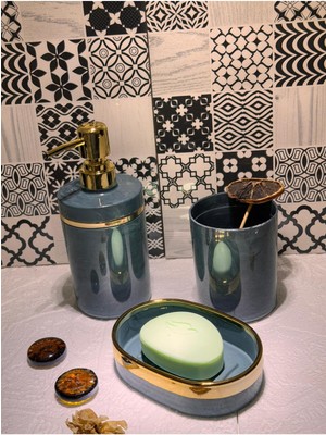 Feyza Design Turkuaz ve Altın Detaylı 3'lü Şık Banyo Seti, Kaliteli ve Şık Tasarım