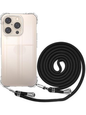 16 Pro Max Kılıf Köşe Korumalı Şeffaf Silikon Boyun ve Omuz Askılı Ipli Telefon Çantası Ipi