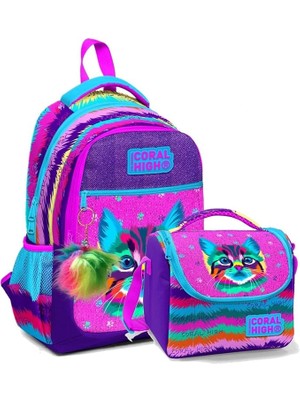 High Okul Sırt Çantası ve Beslenme Çantası Seti - Kız Çocuk Mor Pembe Kedi