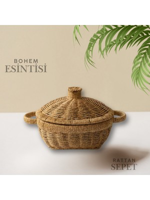 Vizka Rattan Dekoratif Tencere , Hasır Model Kapaklı Sunumluk , Ekmeklik , Meyve Sepeti