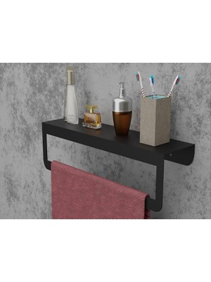 Siyah Havlu Tutacağı Raf Metal Havlu Askısı Mutfak Banyo Raflı Havluluk Metal Raflı Havluluk MT42S