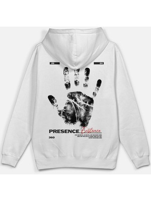 Overoz Presence Existence Karma Sırt Baskılı Kapüşonlu Yarı Oversize Sweatshirt Beyaz Hoodie 1217