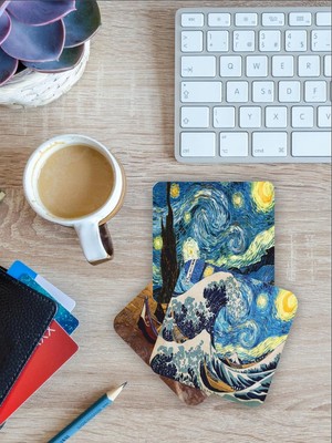 Hype Store Karbonsoft Van Gogh Temalı Ahşap Bardak Altlığı Ahşap Baskılı Altlık 6'lı Set (9 X9CM) KARBONNM14