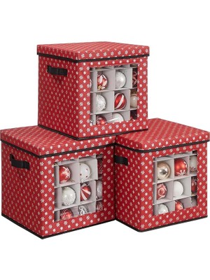 Saklama Kutuları, 3'lü Set, Katlanır Kutular, Kutu Başına 64 Küçük Bölme, Esnek Ayırma Duvarları, 30,5 x 30,5 x 30,5 Cm, Kırmızı, Kar Tanesi Desenli RFB029R01