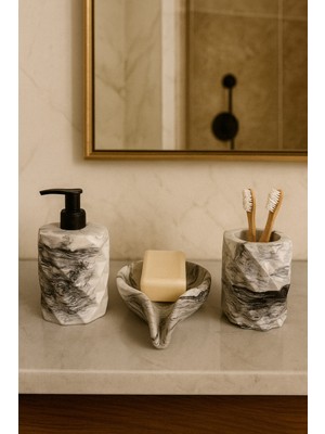 Feyza Design Şık 3 Parça Mermer Desenli Dekoratif Banyo Seti