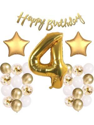 Gitti Gold Konsept Doğum Günü Kutlama Seti; Beyaz Gold Konfetili Balon, Rakam Yıldız Folyo ve Banner (4 Yaş)