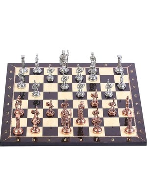Orta Boy Metal Roma Satranç Takımı Antik ve Ceviz Desenli Mdf Ahşap Satranç Tahtası (37X37 Cm.)