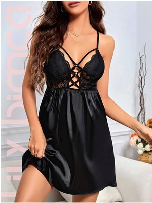 Süsen Lingerie Çapraz Ip Dekolteli Kadın Siyah Saten Gecelik, Dantel Işlemeli Saten Gecelik, Kadın Saten Gecelik