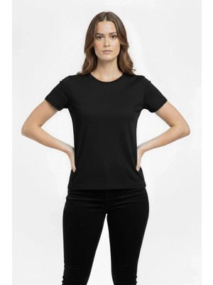 Glam Love Kadın T-Shirt Bisiklet Yaka Slim Fit Likralı Tişört Günlük Basic Body - Siyah
