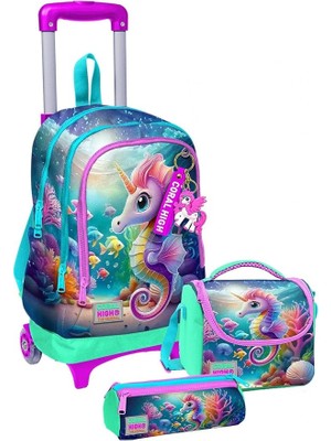 High Çekçek Tekerlekli Kız Çocuk, Su Yeşili Denizatı, Ilkokul Üçlü Okul Çanta Seti