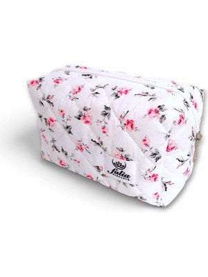 Çantası | Makeup Bag | Kapitone Bakım Seyahat Kozmetik Çantası (Beyaz-Pembe)