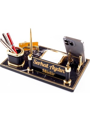 Royal Mermer Desen Ahşap Gold Kalemli Masa Isimliği Ofis Masaüstü Isimlik Seti Ofis Hediye Yeni Iş