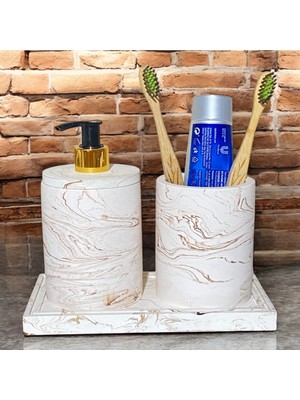 Feyza Design Doğal Görünümlü Mermer Esintili Beton Banyo Aksesuar Seti (3 Parça)