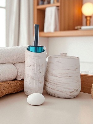 Feyza Design Mermer Desenli 4 Parça Banyo Seti, Tuvalet Fırçası ve Çöp Kovası