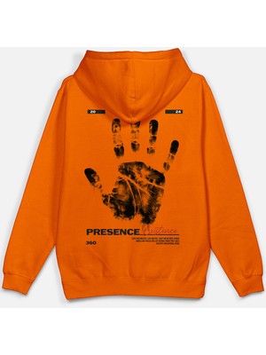 Overoz Presence Existence Karma Sırt Baskılı Kapüşonlu Yarı Oversize Sweatshirt Turuncu Hoodie 1217
