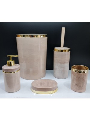 Feyza Design 5'li Akrilik Yuvarlak Banyo Seti, Somon Mermer ve Gold Kromaj