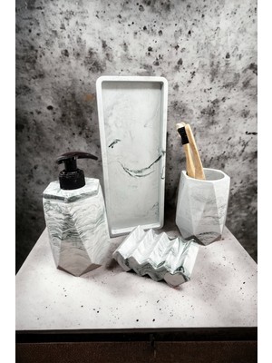 Feyza Design Mermer Desenli 4 Parça Beton Banyo Seti, Sabunluk, Diş Fırçalık ve Tepsi