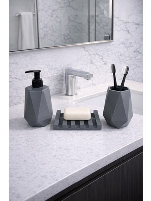 Feyza Design Modern 3 Parça Geometrik Beton Banyo Seti, Diş Fırçalık ve Sabunluklar