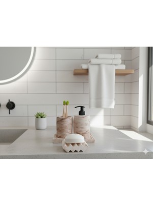 Feyza Design 3'lü Bej Mermer Desenli Banyo Seti, Sabunluk ve Diş Fırçalığı