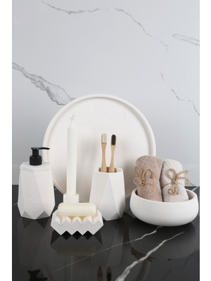 Feyza Design 6'lı Mermer Desenli Beton Banyo Seti, Sabunluk, Diş Fırçalığı, Havluluk, Tütsülük