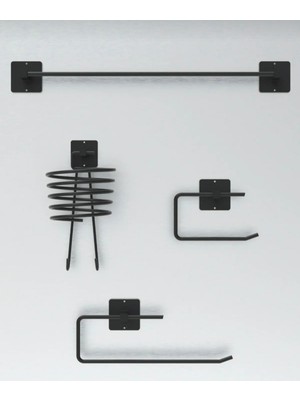 Feyza Design Dörtlü Siyah Fön ve Havlu Askısı, Banyo Seti, Rulo Tuvalet Kağıdı Tutucu