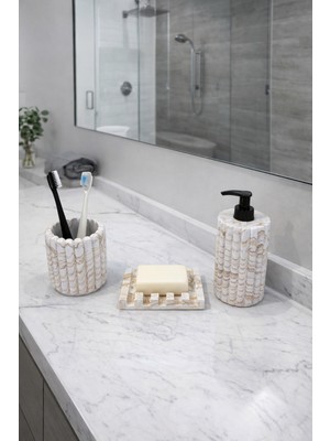 Feyza Design 3'lü Çizgili Mermer Desenli Banyo Seti, Sıvı ve Katı Sabunluk, Diş Fırçalık