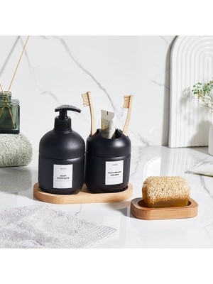 Feyza Design Şeffaf Cam Banyo Seti, Sıvı Sabunluk, Diş Fırçalık ve Katı Sabunluk