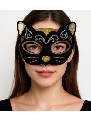 Ecoport Kadife Dokulu Simli Kedi Maskesi Altın Gümüş Detaylı